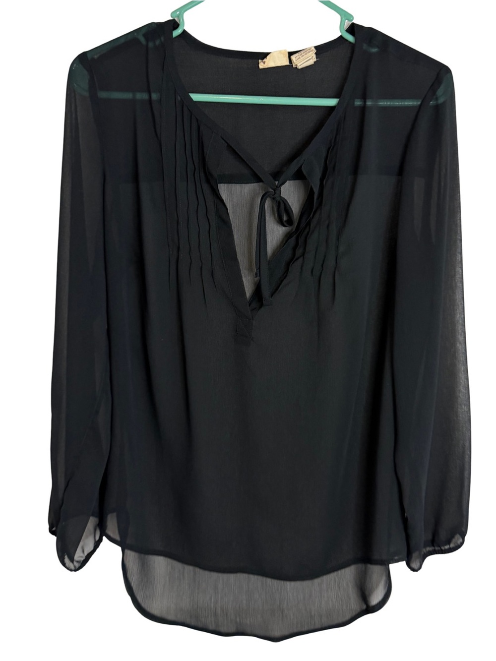 Mudd Black Sheer Tie-Neck Long Sleeve Pintuck Blouse Size Medium